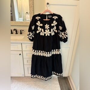 Anthropologie Black Dress with Cream Embroidery